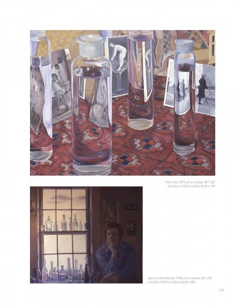 Top: Clear bottles filled with water reflect and distort black-and-white photos on a red cloth, echoing the style in "100 Boston Painters" by Schiffer Publishing, Ltd. Bottom: Someone sits by a window amid bottles, gazing thoughtfully outside.