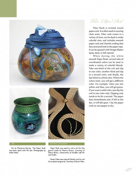 A magazine page displays three gourd bowls from "Creative Rims for Gourd Art" by Schiffer Publishing, Ltd.—one with ocean motifs and a blue fish, one in green and blue with a green lid, and one with beige and black patterns, highlighting Fiber Rush coil rim finishing.