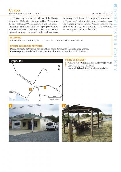 A page from Schiffer Publishing, Ltd.'s "Cities and Towns of the Chesapeake" highlights Crapo, MD, with a map, state history, lodging info, event listings, and photos of a fishing dock plus the rustic post office under its wooden shelter.