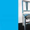 A white wooden chair with striking black, blue, and white geometric tape art designs sits before a white and black backdrop. Blue text about Tape Art by Schiffer Publishing, Ltd. appears on the left side of the image.