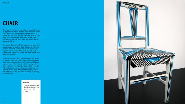 A white wooden chair with striking black, blue, and white geometric tape art designs sits before a white and black backdrop. Blue text about Tape Art by Schiffer Publishing, Ltd. appears on the left side of the image.