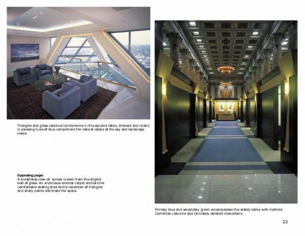 Power Rooms by Schiffer Publishing, Ltd. showcases modern corporate spaces with blue sofas, glass walls, city views, grand hallways with blue carpets, marble columns, and ornate ceilings adorned with chandeliers.