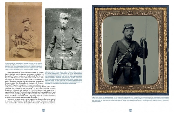 Two pages from "Rally Round the Flag—Uniforms of the Union Volunteers of 1861" by Schiffer Publishing, Ltd. show sepia and black-and-white portraits of Civil War volunteers with detailed text—a striking military history reference.