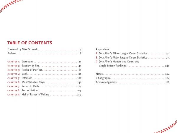 Table of contents page for "Dick Allen, The Life and Times of a Baseball Immortal" by Schiffer Publishing, Ltd., listing foreword, preface, chapters on 1960s baseball and the Phillies, appendices, notes, bibliography, acknowledgments, with baseball stitching trim.