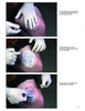 Three images show a gloved person using Street Shop Tattoo Stencils by Schiffer Publishing, Ltd., applying a stencil to a thigh: pressing it down, checking the design, and peeling back a corner. Instructions appear on the right.