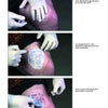 Three images show a gloved person using Street Shop Tattoo Stencils by Schiffer Publishing, Ltd., applying a stencil to a thigh: pressing it down, checking the design, and peeling back a corner. Instructions appear on the right.