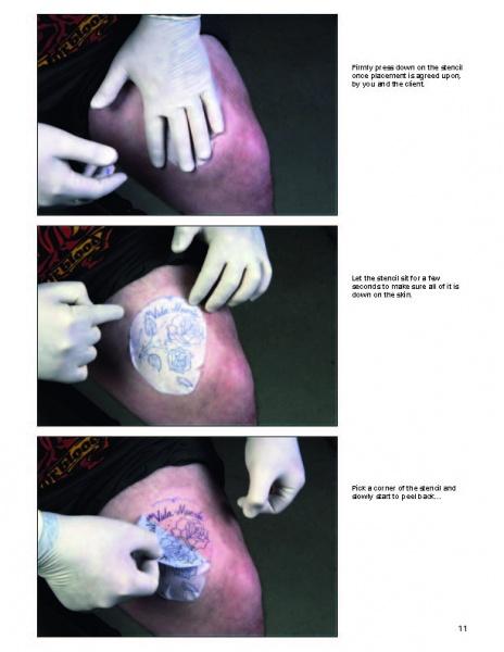 Three images show a gloved person using Street Shop Tattoo Stencils by Schiffer Publishing, Ltd., applying a stencil to a thigh: pressing it down, checking the design, and peeling back a corner. Instructions appear on the right.