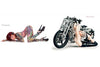 Featured in "Alvarado's Pin-up Nudes, 2nd Edition" by Schiffer Publishing, Ltd., a tattooed woman in heels poses on the floor as another in black latex and heels strikes an upside-down pose on a motorcycle against a white backdrop.