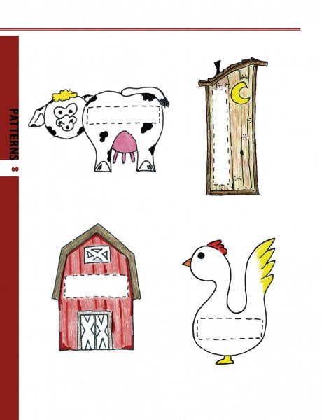 Carving Caricature Nametags by Schiffer Publishing, Ltd. features four fun cartoon designs—cow, outhouse, barn, and chicken—with blank spaces, perfect for wearable nametags or creative woodcarving projects. Add a playful touch to your next carving!.