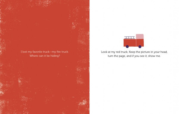 In "Where Is My Car?" by Schiffer Publishing, Ltd., a red left page with white text introduces a missing car, while the right page shows a simple illustration, encouraging kids to spot the car later and build observation skills.