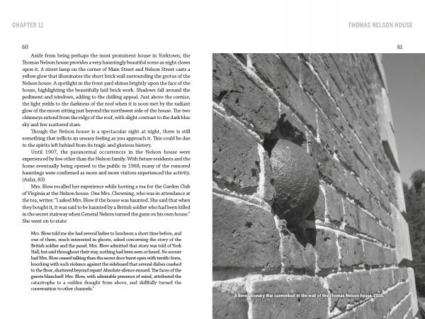 A two-page spread from "Ghosts of Yorktown, Virginia" by Schiffer Publishing, Ltd. features text about the haunted Thomas Nelson House on the left and a black-and-white photo of a brick wall with a cannonball on the right.