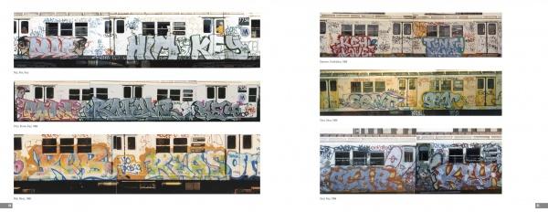 From the Platform 2" by Schiffer Publishing, Ltd. showcases vintage subway train cars adorned with vibrant graffiti, featuring side-by-side and stacked photos that capture Bronx subway art and diverse 1980s graffiti styles on train exteriors.