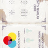 The top of the page in "Escape Game Adventure: The Last Dragon" by Schiffer Publishing, Ltd. features a Knights Templar code chart, while the bottom presents a primary colors Venn diagram beside flasks marked with time intervals to test your logic.