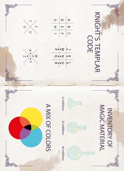The top of the page in "Escape Game Adventure: The Last Dragon" by Schiffer Publishing, Ltd. features a Knights Templar code chart, while the bottom presents a primary colors Venn diagram beside flasks marked with time intervals to test your logic.