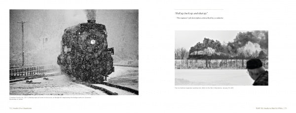 A person in winter clothing watches as a steam train emits thick smoke while moving through heavy snow on snowy tracks in "Smoke Over Steamtown" by Schiffer Publishing, Ltd.