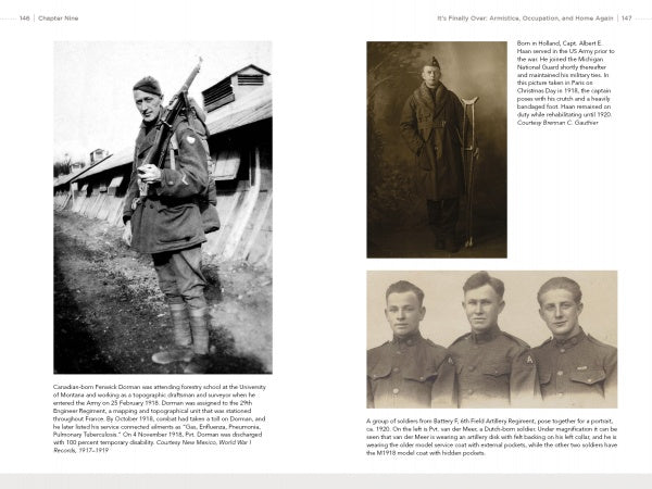 Forgotten Soldiers of World War I" by Schiffer Publishing, Ltd. features a black-and-white photo spread: a Canadian soldier with rifle, uniformed portrait, and two group shots of America’s foreign-born WWI soldiers on a plain background.