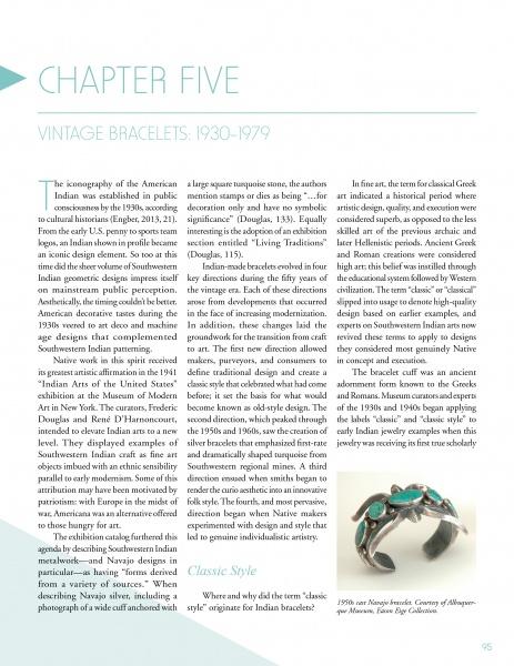 A magazine page titled Chapter Five: Southwestern Indian Bracelets (Schiffer Publishing, Ltd.) explores the history and styles of vintage cuff bracelets, with a silver and turquoise bracelet photo at the bottom right.