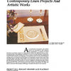 A magazine page titled "Linen" by Schiffer Publishing, Ltd. features a table set with a linen placemat and napkin, gold cutlery, a plate, two candlesticks, and a vase of purple flowers—highlighting the art of weaving.
