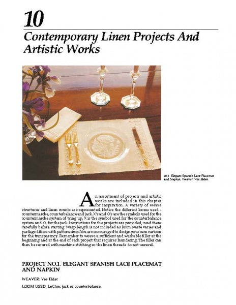 A magazine page titled "Linen" by Schiffer Publishing, Ltd. features a table set with a linen placemat and napkin, gold cutlery, a plate, two candlesticks, and a vase of purple flowers—highlighting the art of weaving.