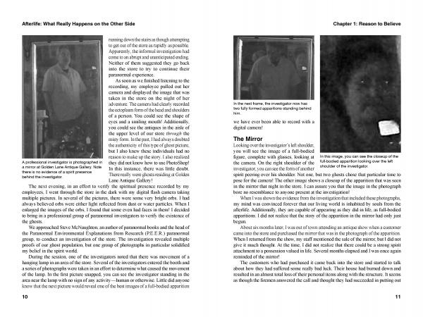 Two pages from "Afterlife: What Really Happens on the Other Side" (Schiffer Publishing, Ltd.): black-and-white photos show a man entering a building, blurry spirit-like figures, and text examining paranormal investigation.