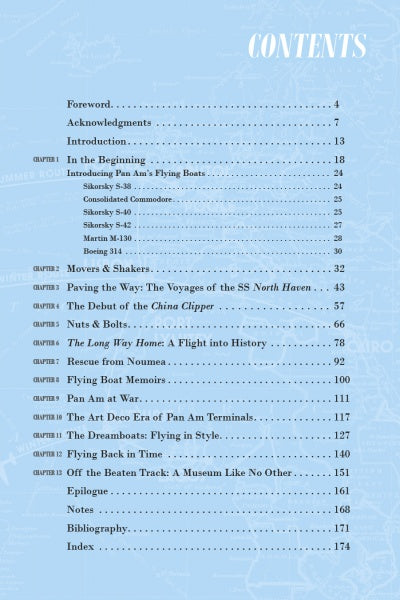 The table of contents page from Hunting the Wind by Schiffer Publishing, Ltd. features a light blue background, white text, subtle map graphics inspired by golden age aviation, and bold, italicized CONTENTS in the upper right corner.