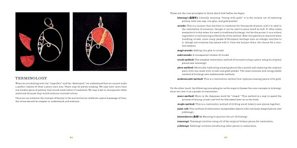 A two-page spread from "The Art of Kintsugi" by Schiffer Publishing, Ltd.; the left page features a wire-wrapped pendant with a red stone and terminology, while the right explains jewelry terms, including the Japanese art of kintsugi for restoring ceramics.