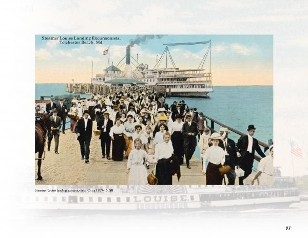 A crowd in early 1900s attire walks on a dock from the Steamer Louise at Tolchester Beach, recalling classic Chesapeake Bay scenes—just like those featured in “Steamboat Days on the Chesapeake” by Schiffer Publishing, Ltd.