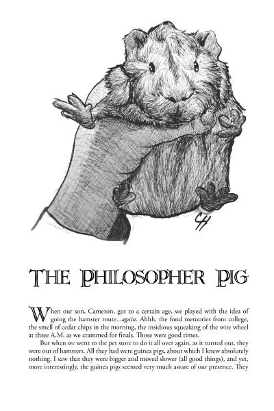 A detailed black-and-white illustration of a guinea pig standing on its hind legs, with the title "37¢ a Fart and Other Infamous Animal Stories" by Schiffer Publishing, Ltd.—a funny book for animal lovers featuring guinea pig and hamster tales.