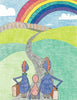 In "Don't Be a Schwoe" by Schiffer Publishing, Ltd., three cartoon characters with suitcases walk a winding road through green hills toward a rainbow, embracing differences as they journey together under a sparkling blue sky—ideal for children's books or early readers.