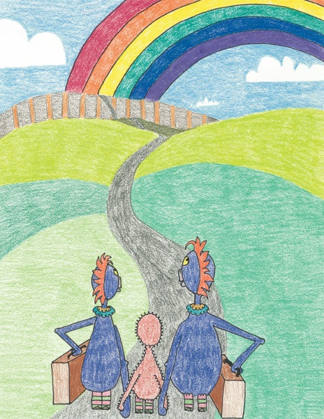 In "Don't Be a Schwoe" by Schiffer Publishing, Ltd., three cartoon characters with suitcases walk a winding road through green hills toward a rainbow, embracing differences as they journey together under a sparkling blue sky—ideal for children's books or early readers.