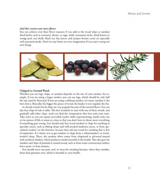 The "Home Smoking Basics" book by Schiffer Publishing, Ltd. features an open page on woods and smoke in cooking, with photos of bay leaves, juniper berries, and rosemary, plus tips on wood chips and effective home meat smoking.