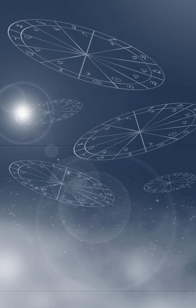 Four transparent astrological charts float in a starry blue sky with glowing flares, creating a mystical, cosmic vibe—perfect inspiration for The Beginner's Guide to Astrology by Schiffer Publishing, Ltd.