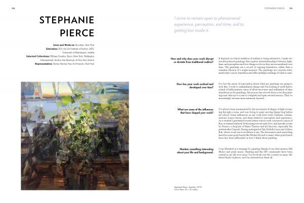 A magazine spread for Disrupted Realism by Schiffer Publishing, Ltd. shows an abstract painting with blurred shapes at the bottom left, the artist’s bio, an interview on the right, and a light purple quote at the top right.