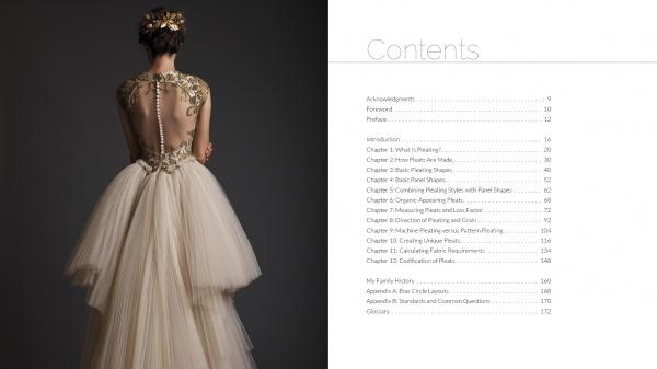 A woman in an ornate ivory gown with an open, beaded back—its pleating echoing high-fashion—stands facing away. Next to her is a table of contents for "Pleating" by Schiffer Publishing, Ltd., listing chapters from Introduction to Appendix.