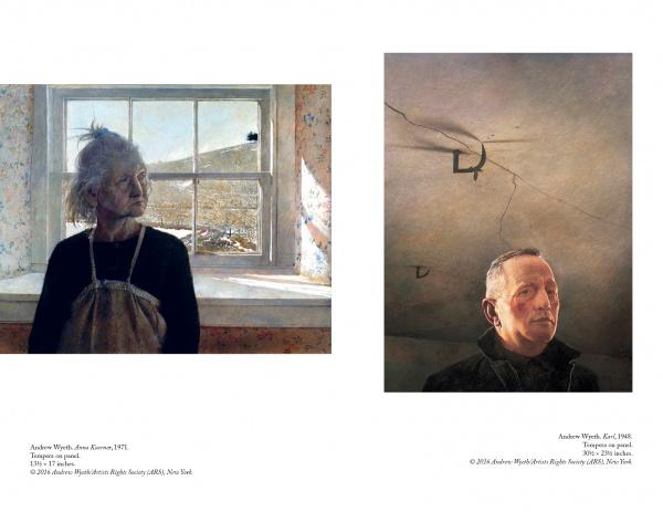 In Schiffer Publishing, Ltd.’s "Frozen Lives," two paintings depict: left, an elderly woman with gray hair by a sunlit window, looking away; right, a solemn, short-haired man beneath a broken light—evoking Wyeth’s quiet realism.