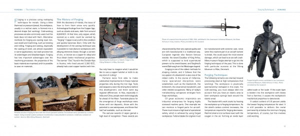 The Book of Forging by Schiffer Publishing, Ltd. features spreads on forging techniques with photos of a forge, hot metal on an anvil, a sword, and armor; its layout includes sections, image captions, and informative columns.