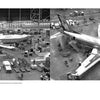 Two black-and-white photos from Schiffer Publishing, Ltd. depict Boeing 737 crash test wreckage in a large hangar, with equipment, crates, and workers inspecting the damaged aircraft.