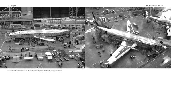 Two black-and-white photos from Schiffer Publishing, Ltd. depict Boeing 737 crash test wreckage in a large hangar, with equipment, crates, and workers inspecting the damaged aircraft.