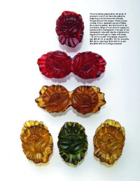 Five intricately carved Bakelite Jewelry pieces from Schiffer Publishing, Ltd. in red, amber, and green are arranged vertically on a white background with a text block in the upper right, showcasing their vintage charm.