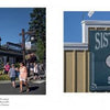 Left: People gather near rustic shops by the Deschutes River on a sunny day in Central Oregon. Right: A vintage "Sisters Market and Bakery" sign with Pepsi-Cola logo reads "Since: 1898." Published by Schiffer Publishing, Ltd.