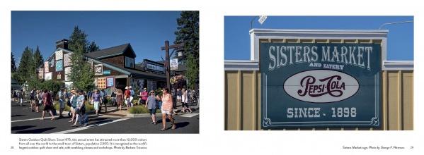 Left: People gather near rustic shops by the Deschutes River on a sunny day in Central Oregon. Right: A vintage "Sisters Market and Bakery" sign with Pepsi-Cola logo reads "Since: 1898." Published by Schiffer Publishing, Ltd.