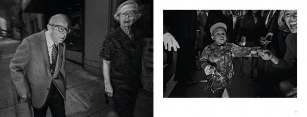Two black-and-white photos from *Briefly Seen* by Schiffer Publishing, Ltd. feature NYC street scenes: on the left, an elderly couple walks together; on the right, a child holding balloons reaches out, surrounded by smiling adults.