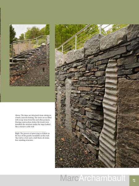 Built with Stone by Schiffer Publishing, Ltd. features stunning stonework, with a stone retaining wall and corrugated metal accents supporting a gravel path and steps, enhanced by greenery and a stylish metal railing above.