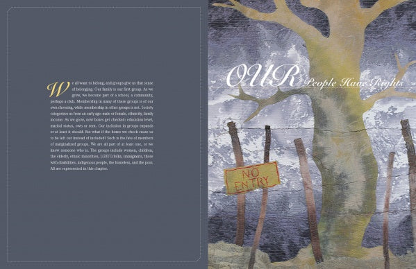 A digital illustration from Schiffer Publishing, Ltd.’s OURstory Quilts shows a barren tree behind a NO ENTRY fence and the text "Our People Have Rights," echoing human rights themes; opposite page features decorative text on gray.