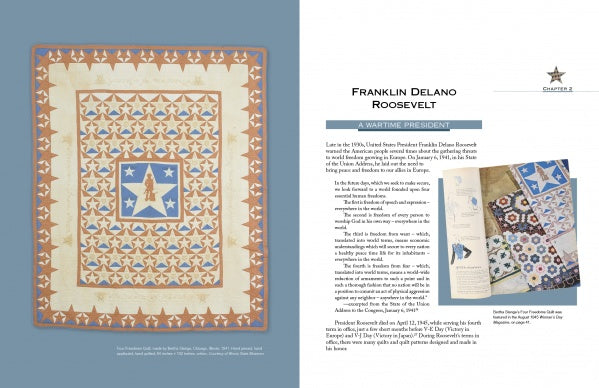 On the left is a tan, blue, and white star motif quilt. On the right, text about FDR appears beside an open book, "World War II Quilts, 2nd Edition" by Schiffer Publishing, Ltd., displaying patterns and fabric swatches linked to American quilt history.