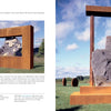 Two pages from "Behind the Curtain" by Schiffer Publishing, Ltd. display a large outdoor stone and steel sculpture with upright stones framed by rust-colored steel on grass, echoing Mary Shaffer’s Studio Glass Art.