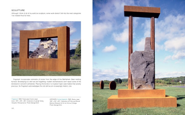 Two pages from "Behind the Curtain" by Schiffer Publishing, Ltd. display a large outdoor stone and steel sculpture with upright stones framed by rust-colored steel on grass, echoing Mary Shaffer’s Studio Glass Art.
