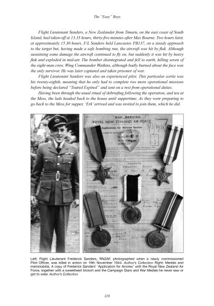 A black-and-white photo from "The Easy Boys: The Story of a Bomber Command Aircrew in World War II" (Schiffer Publishing, Ltd.) shows Fred Sanders in RAAF uniform and, beside him, his medals—including the Distinguished Flying Cross.
