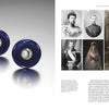 On the left, deep blue diamond cufflinks from Russian court jewelry are shown; on the right, a page from "Beyond Fabergé" by Schiffer Publishing, Ltd. displays Russian royalty portraits with descriptive text below.