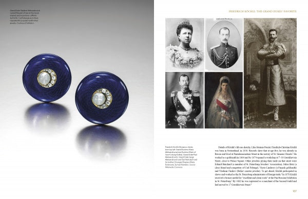 On the left, deep blue diamond cufflinks from Russian court jewelry are shown; on the right, a page from "Beyond Fabergé" by Schiffer Publishing, Ltd. displays Russian royalty portraits with descriptive text below.